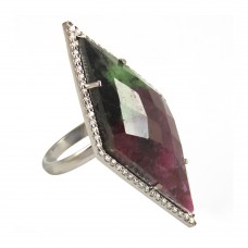 Ruby zoisite rhombus silver pave set ring